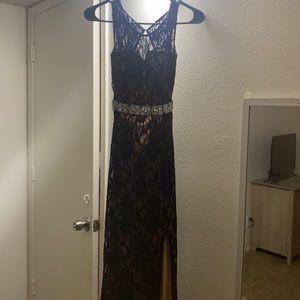Floor length Jodi Kristopher dress, Navy Blue and Tan